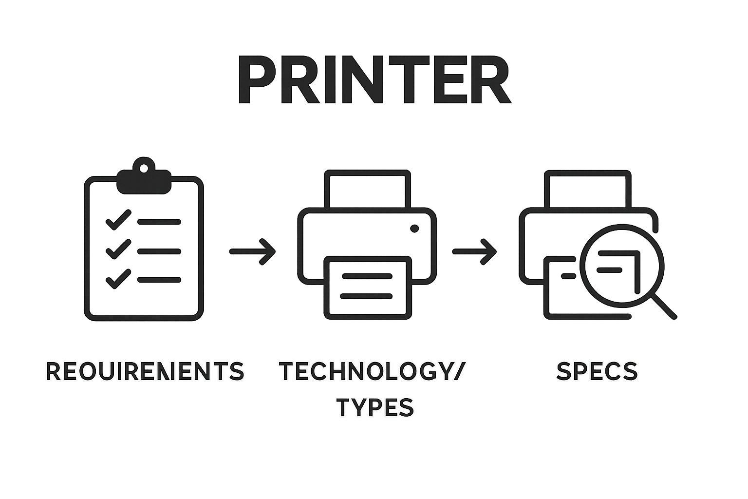 Three-step printer selection process diagram