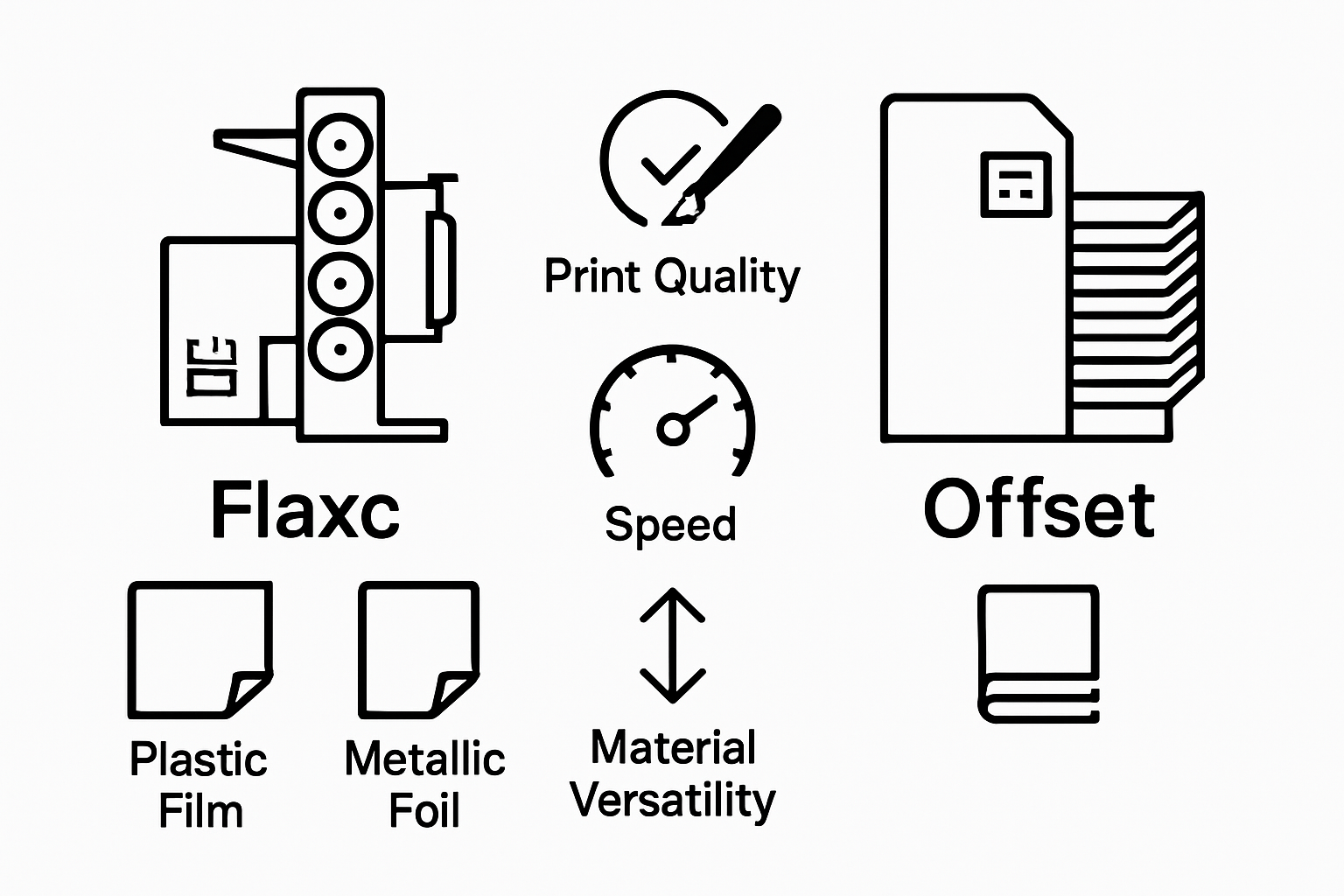 Side-by-side visual comparing flexography and offset printing core features