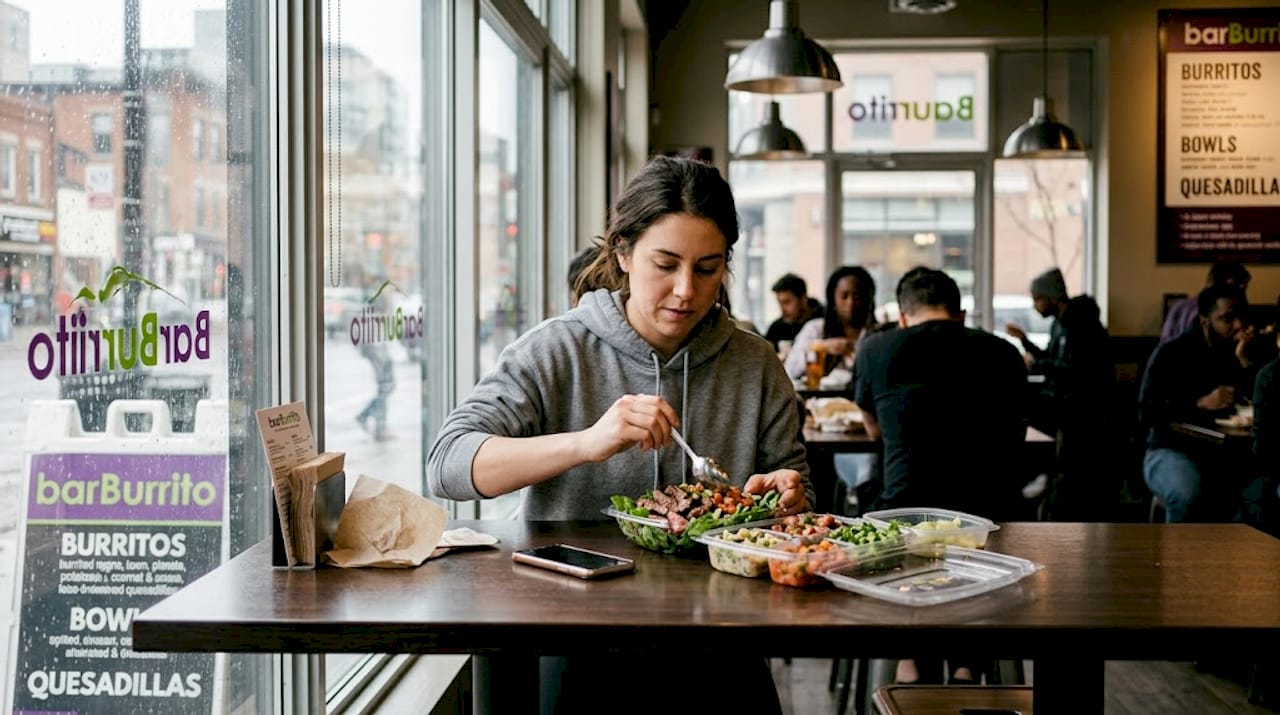 Customer making custom paleo burrito bowl restaurant