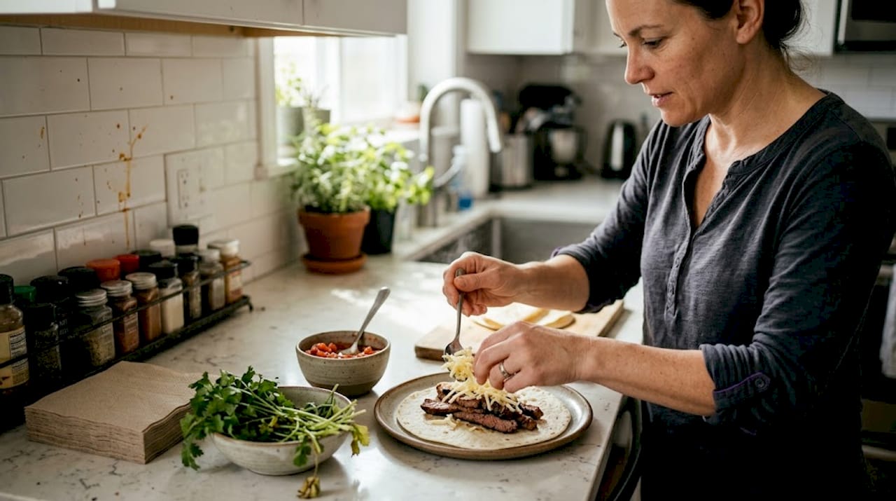 Hands layering ingredients on fresh taco