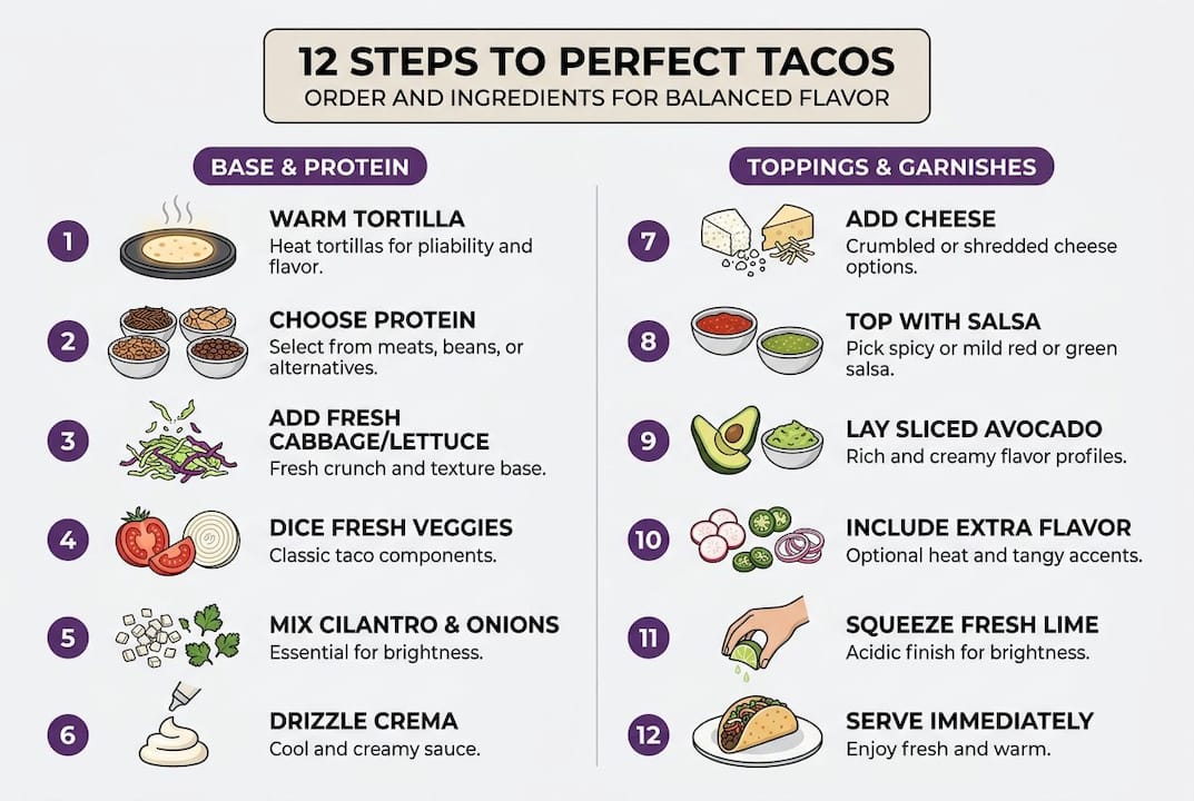 Infographic showing taco assembly steps and layering