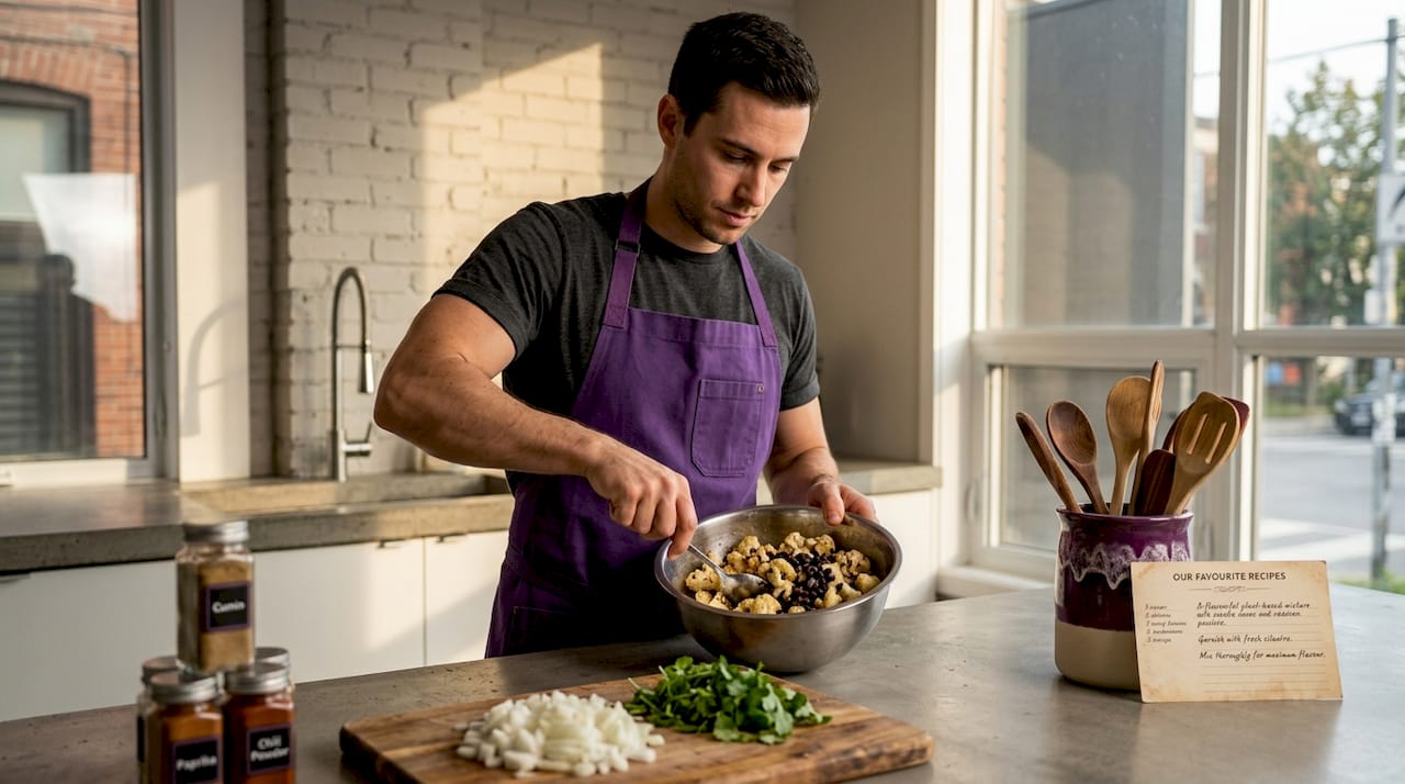 Vegetarian taco fillings preparation at kitchen island