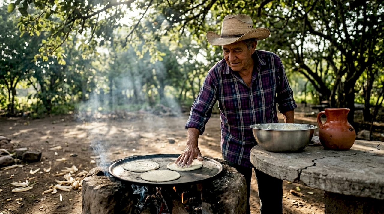 Man preparing tortillas on outdoor comal