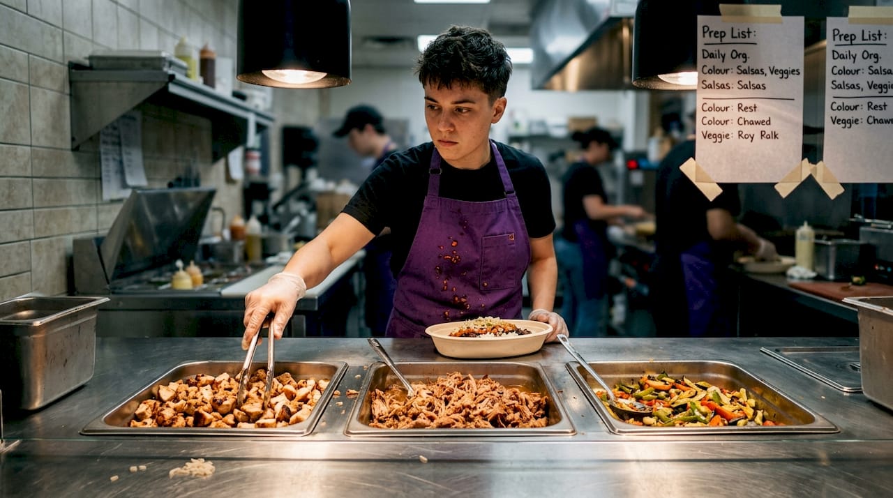 Cook selecting burrito bowl proteins in kitchen