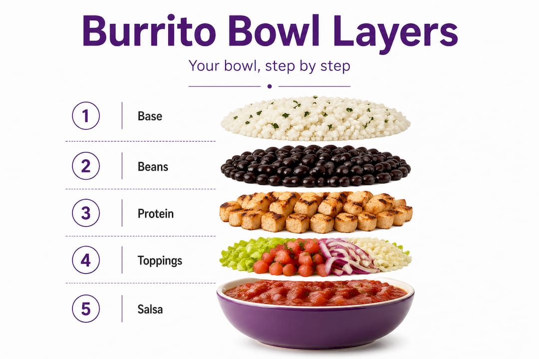 Infographic of burrito bowl step-by-step layers