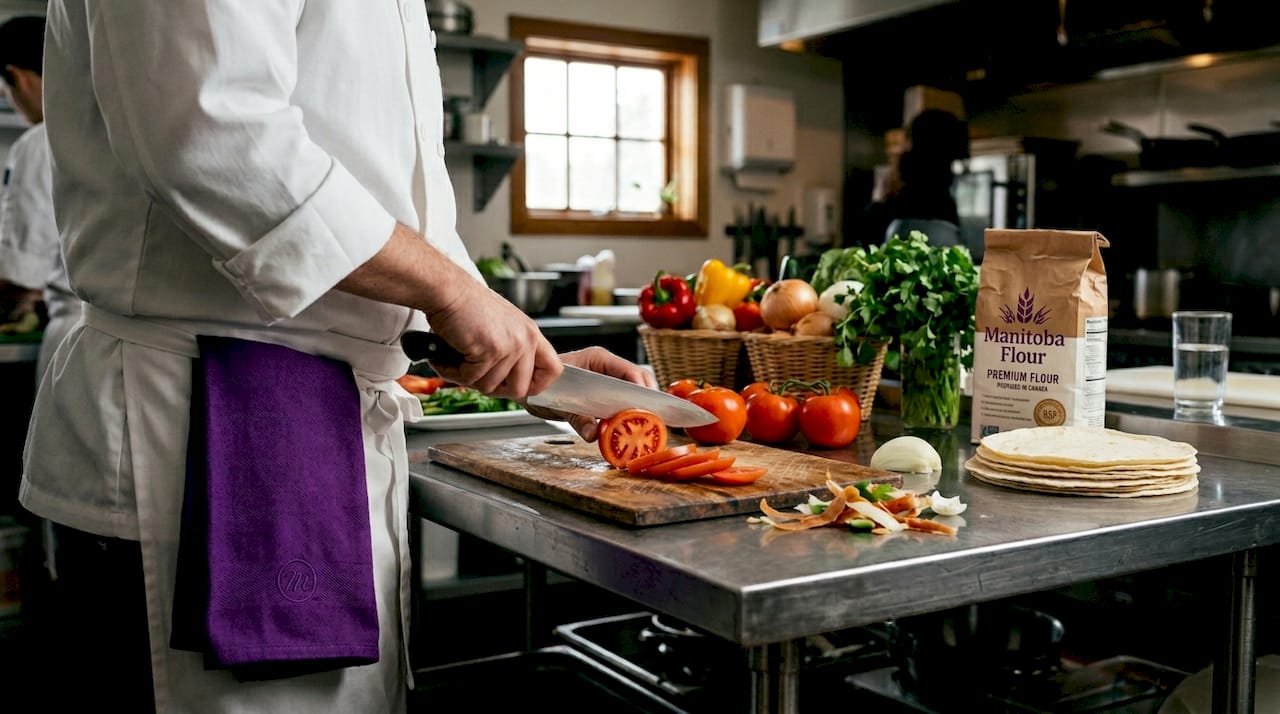 Chef prepping fresh local tomatoes in kitchen
