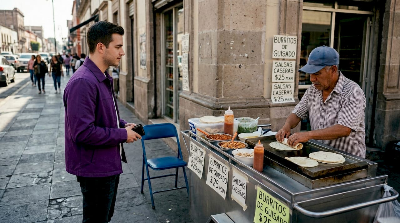 Street vendor serving burrito de guisado