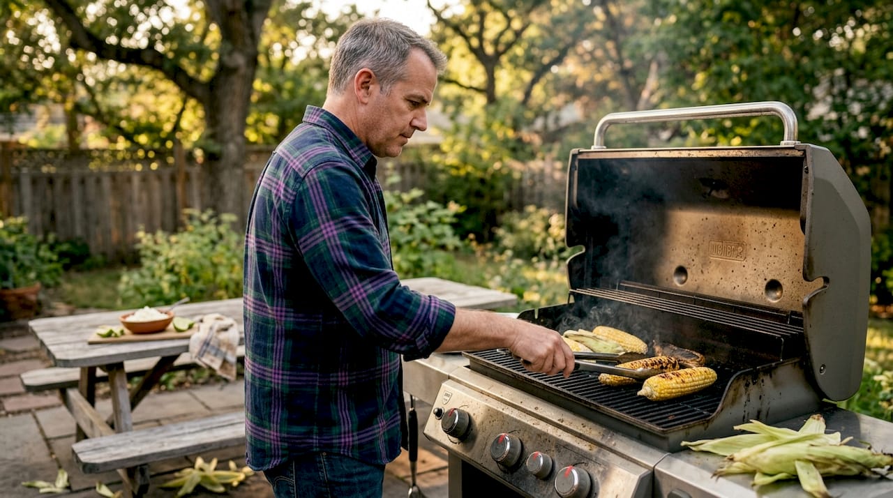Man grilling fresh Manitoba corn on barbecue
