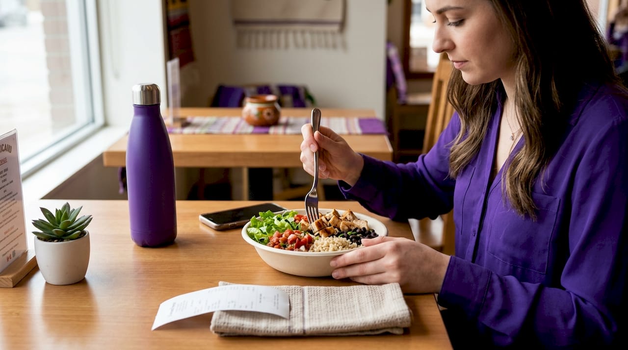 Person enjoying burrito bowl at local restaurant