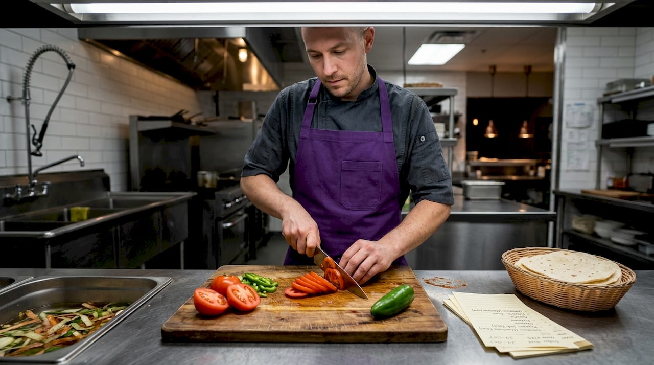 Chef preparing local ingredients in kitchen
