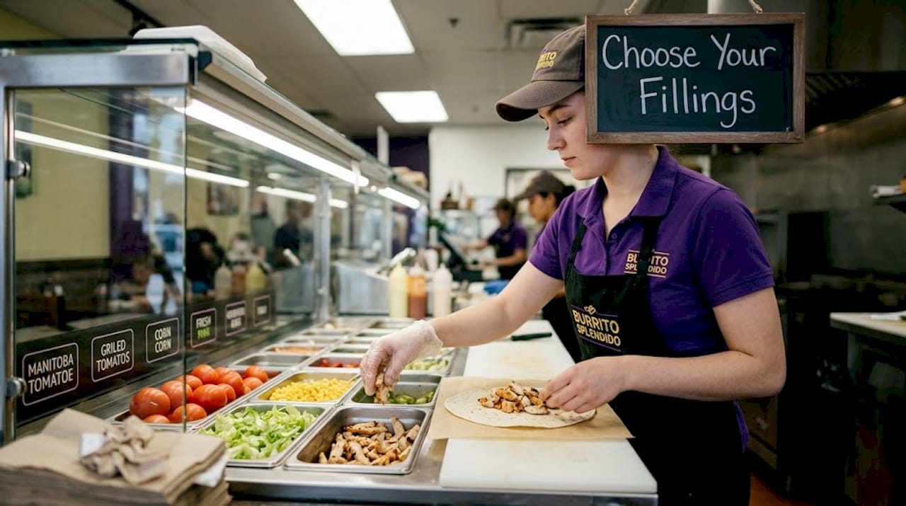 Staff preparing custom burrito at ingredient bar