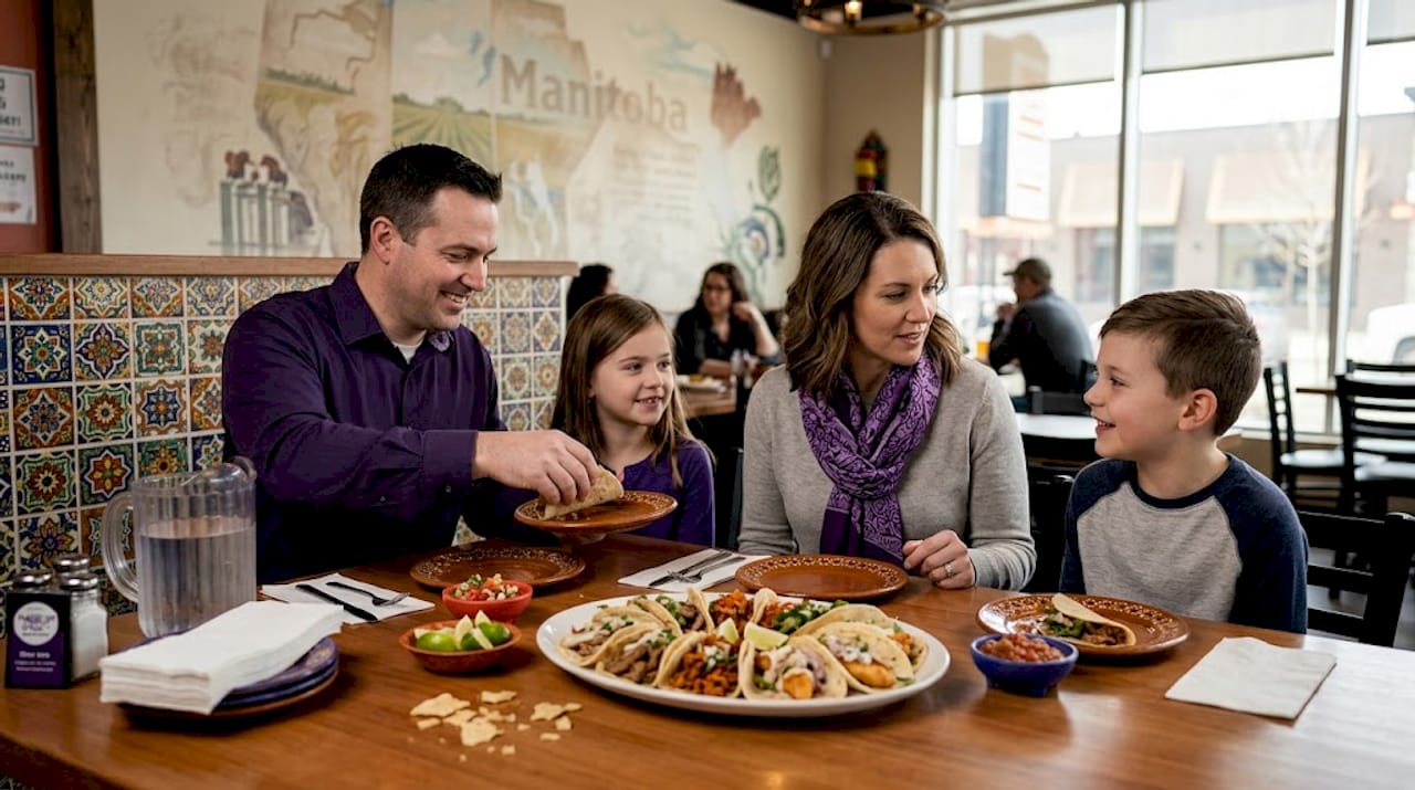 Family sharing assorted tacos at Winnipeg diner