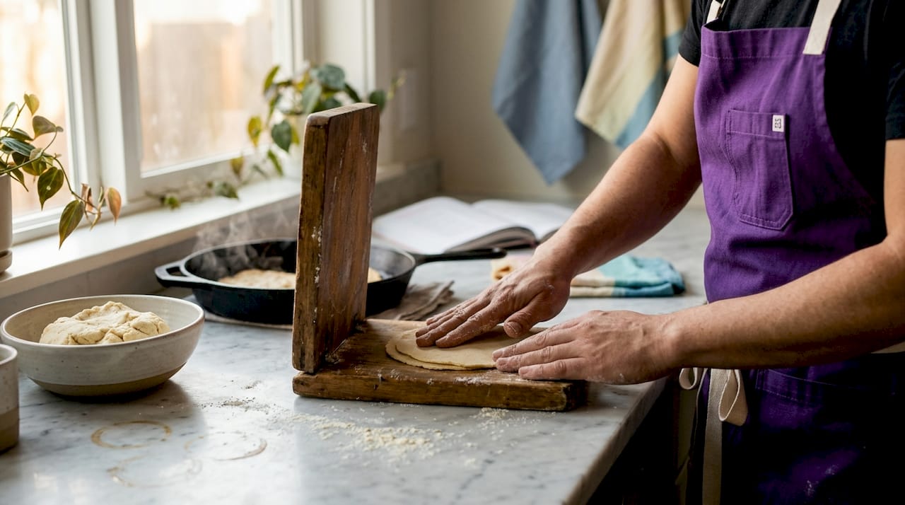 Cook hand-pressing tortillas in home kitchen