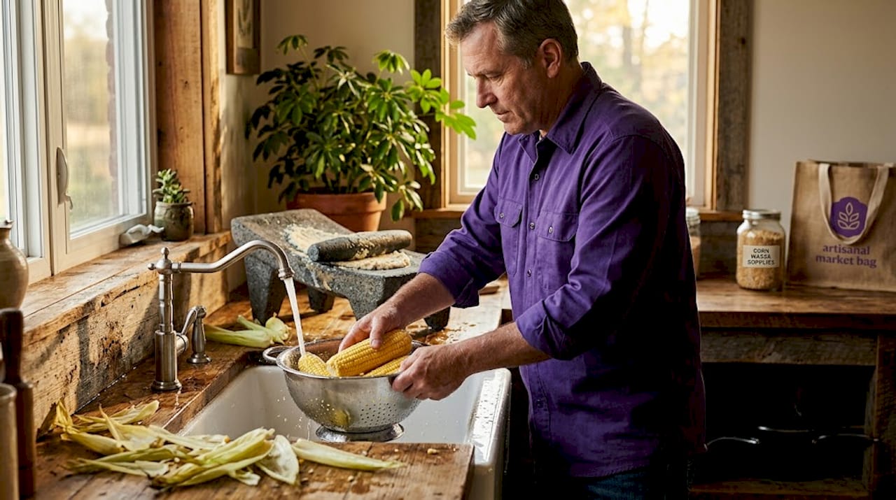 Man rinsing corn for stone-ground tortilla masa