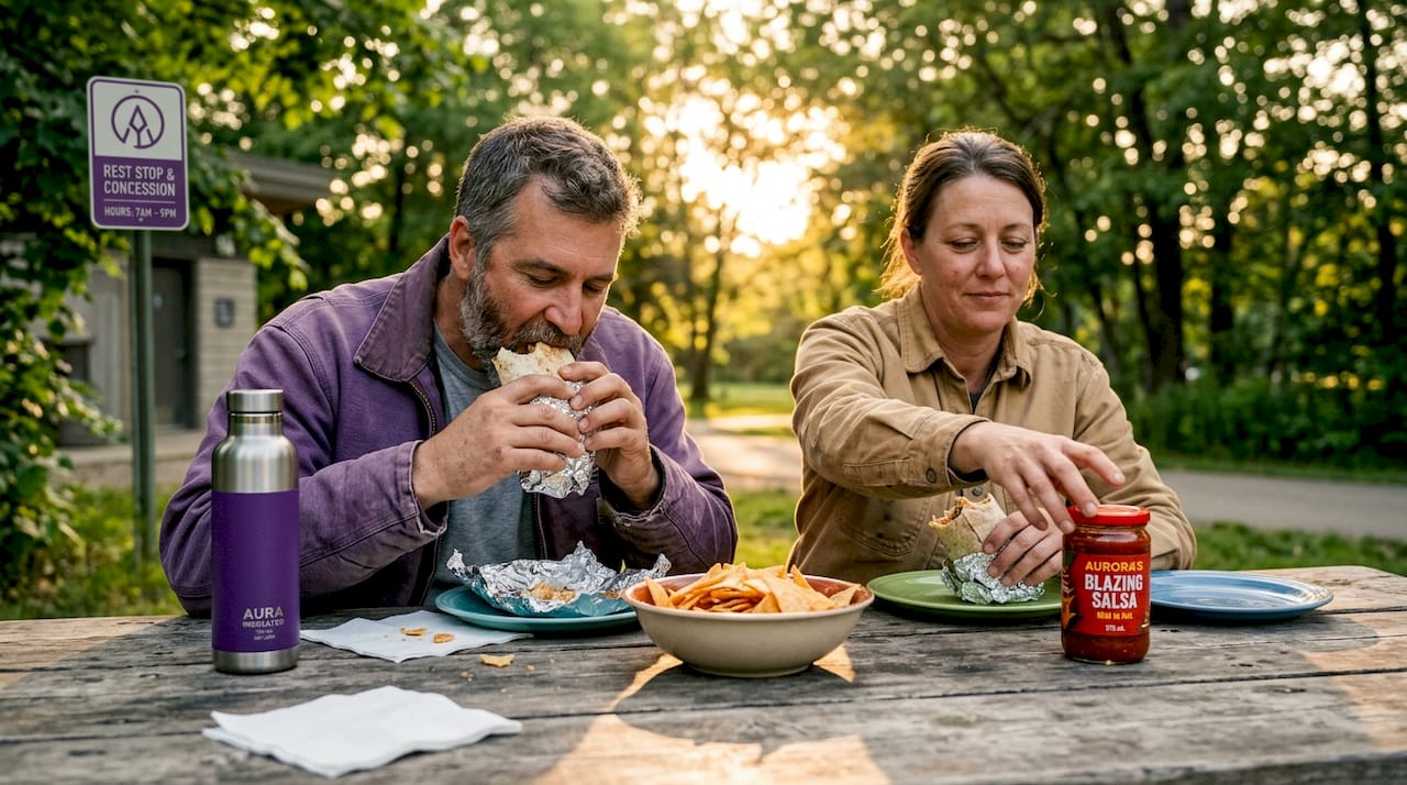 Workers eating burritos at lunch table