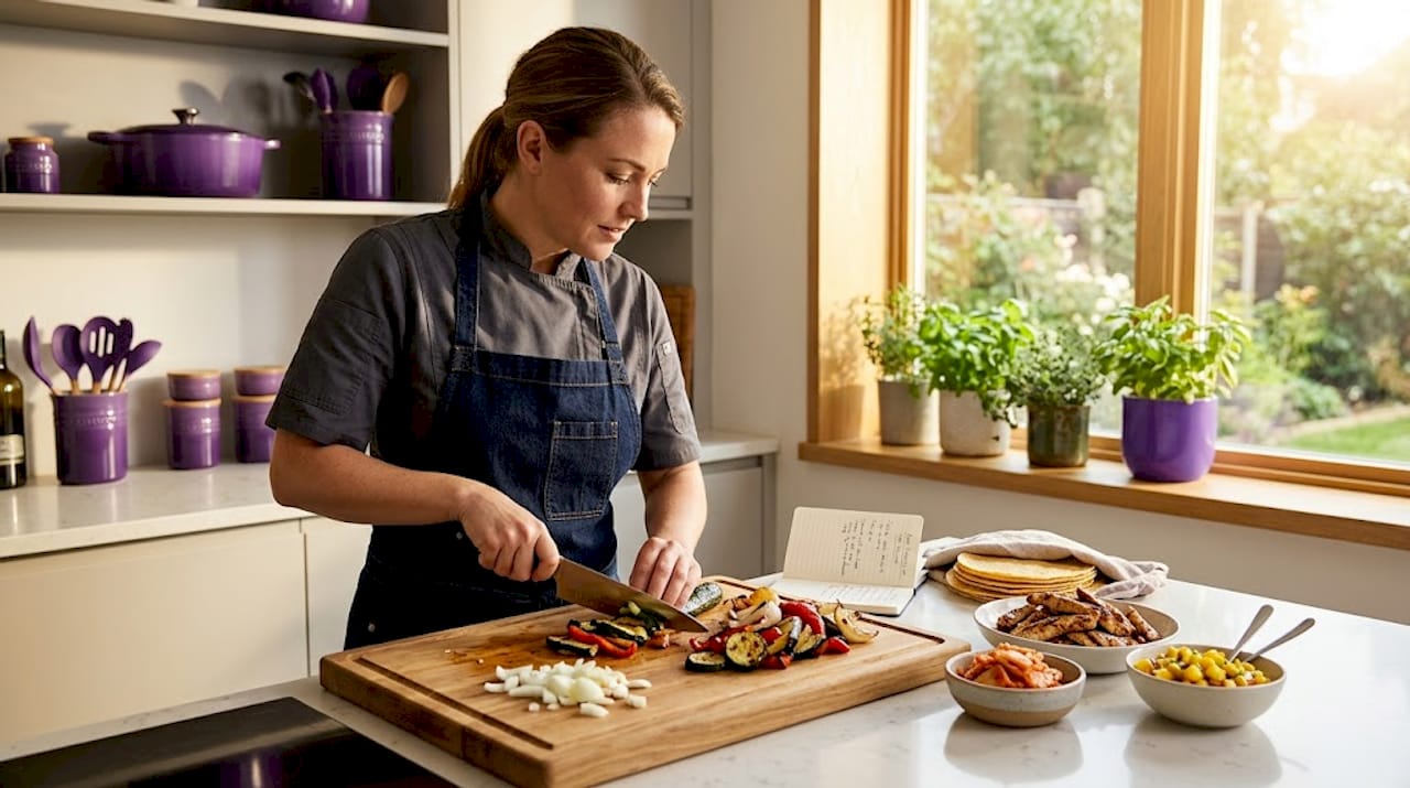 Chef preparing fusion burrito in kitchen
