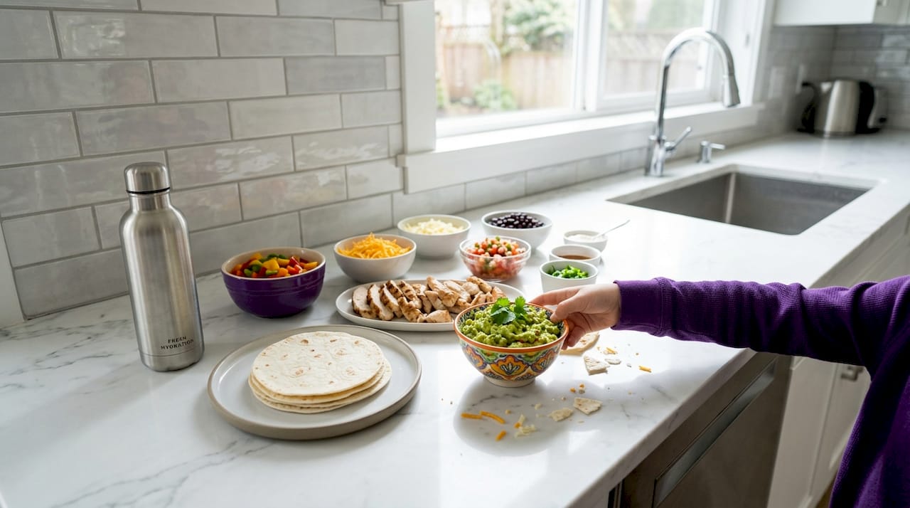 Organized burrito assembly area on kitchen counter