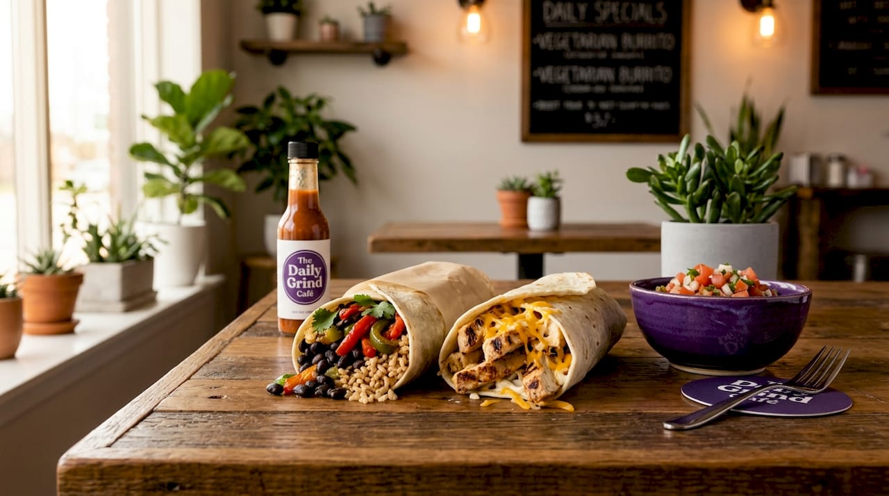 Two burritos showing vegan and meat fillings