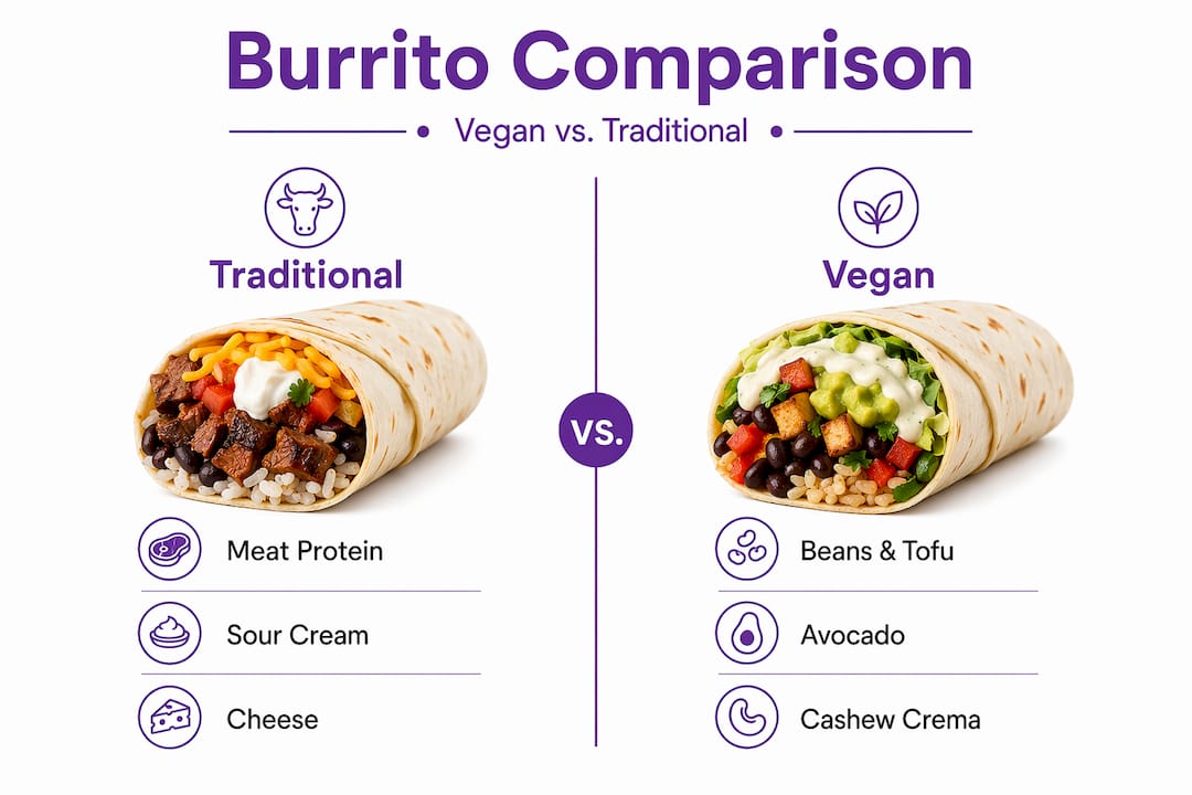 Infographic comparing vegan and traditional burritos