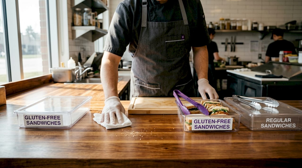 Chef cleaning to prevent cross-contact in kitchen