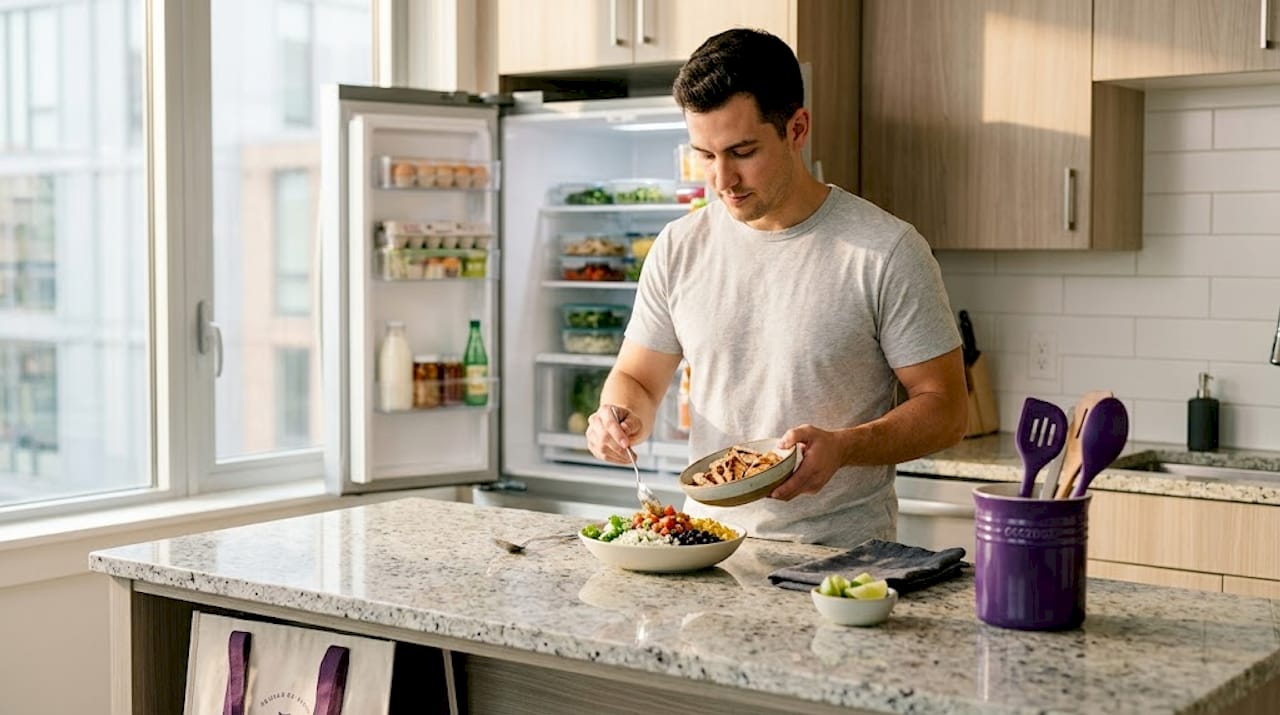 Man assembling layered Mexican meal bowl in kitchen