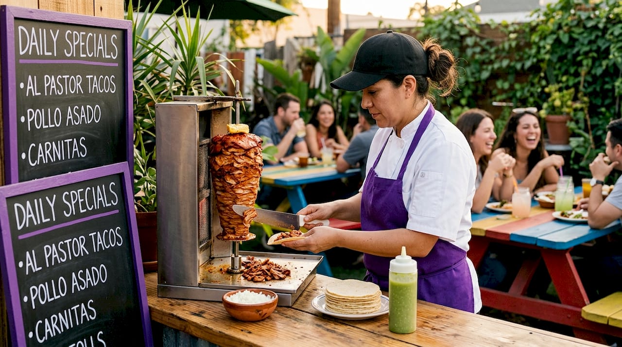 Cook slicing meat for tacos árabes at taqueria