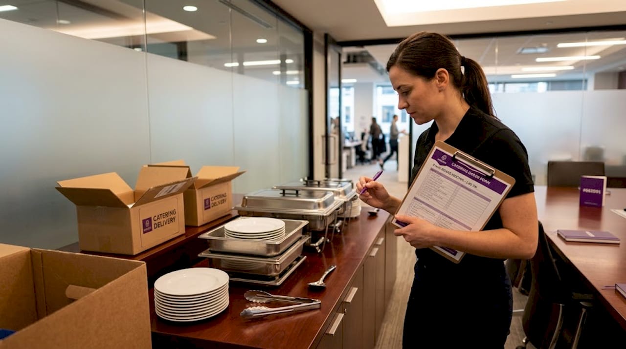 Catering staff setting up food in boardroom