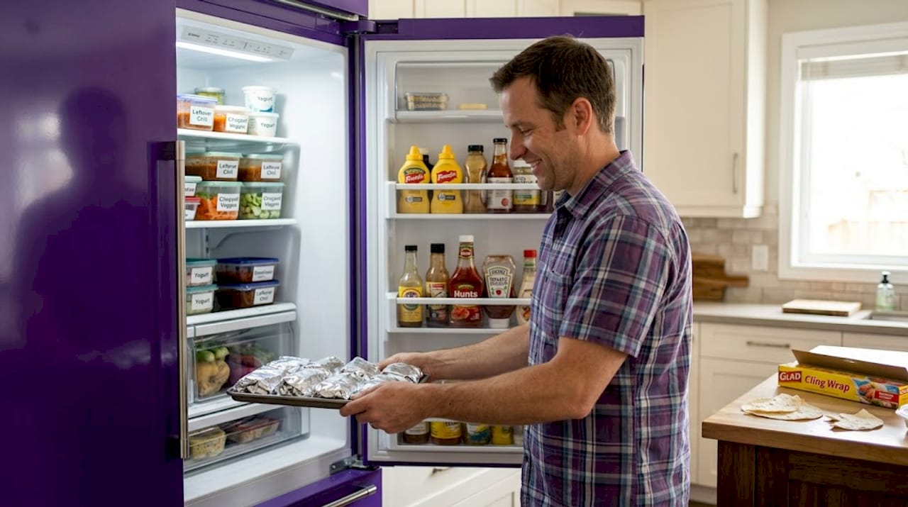 Man storing wrapped burritos in apartment fridge