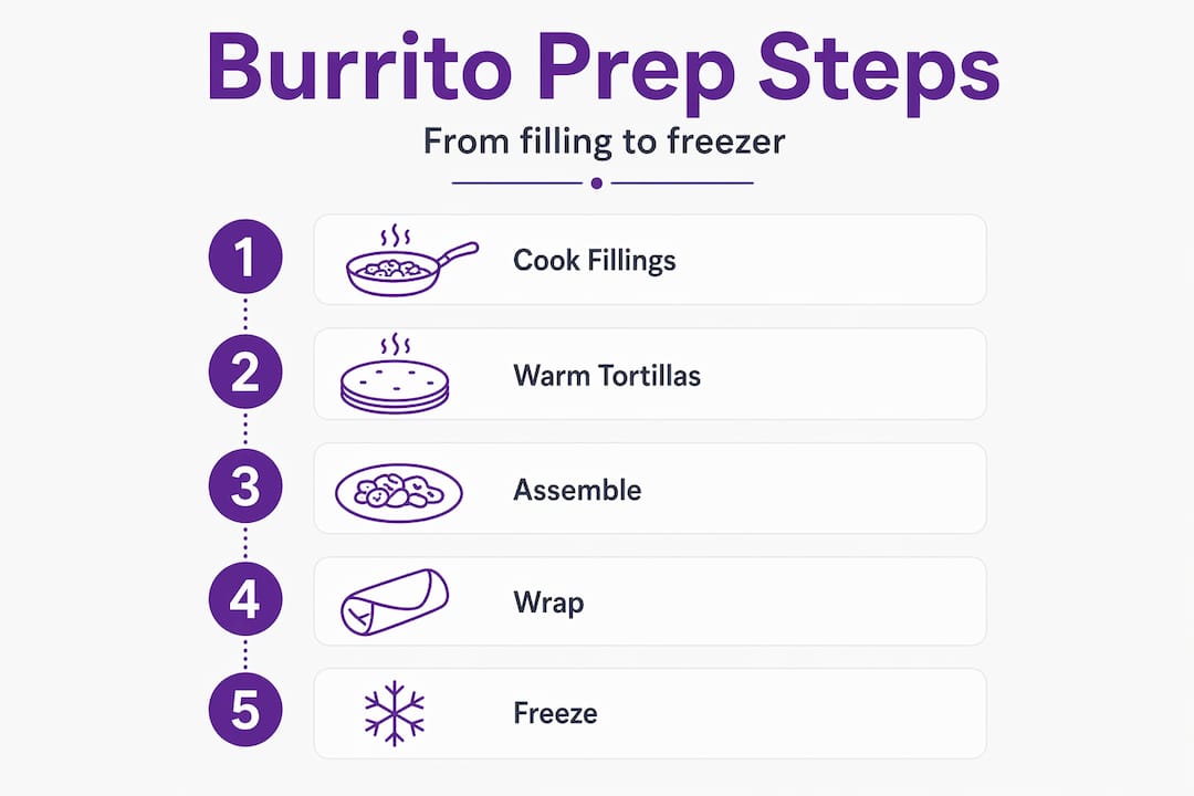 Vertical infographic with burrito meal prep steps