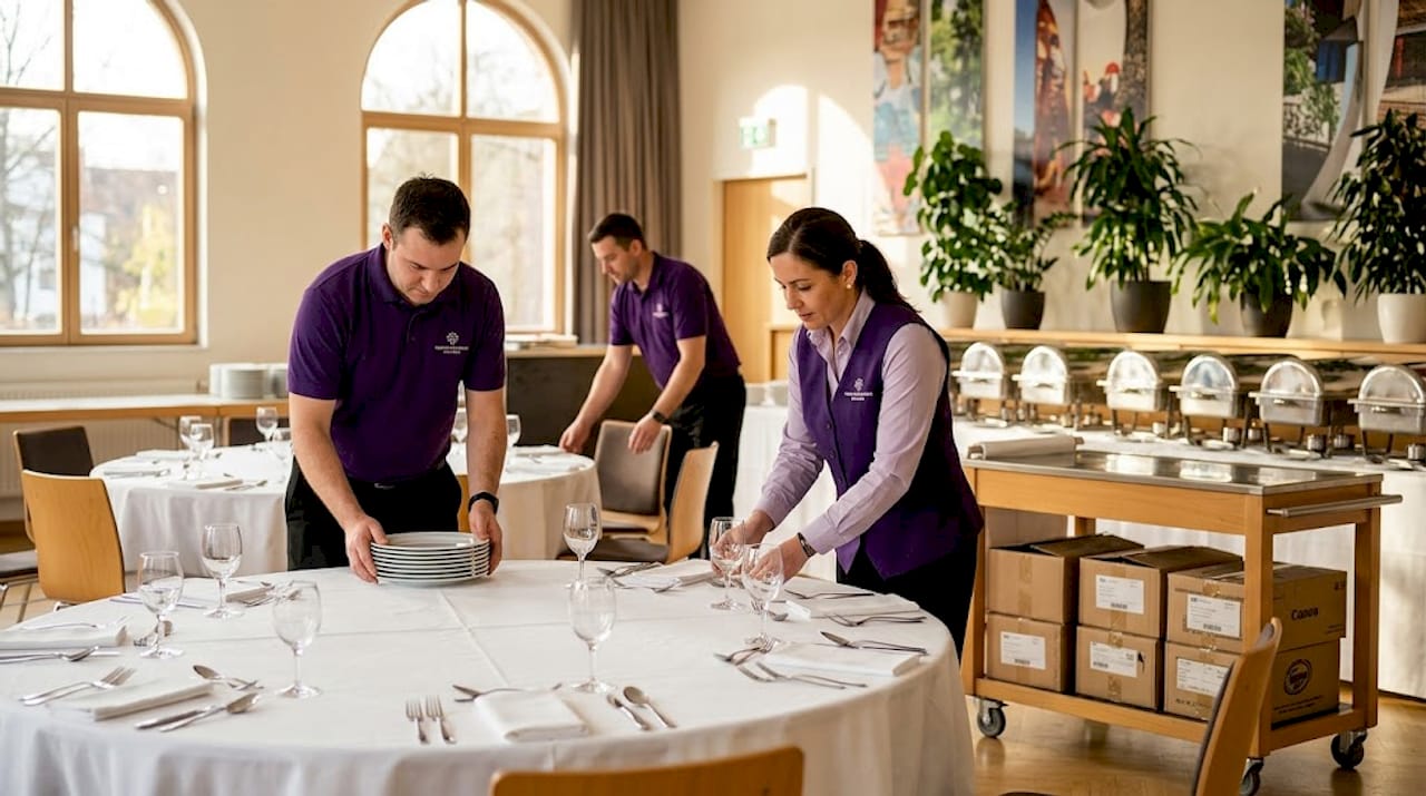 Catering staff preparing event hall tables
