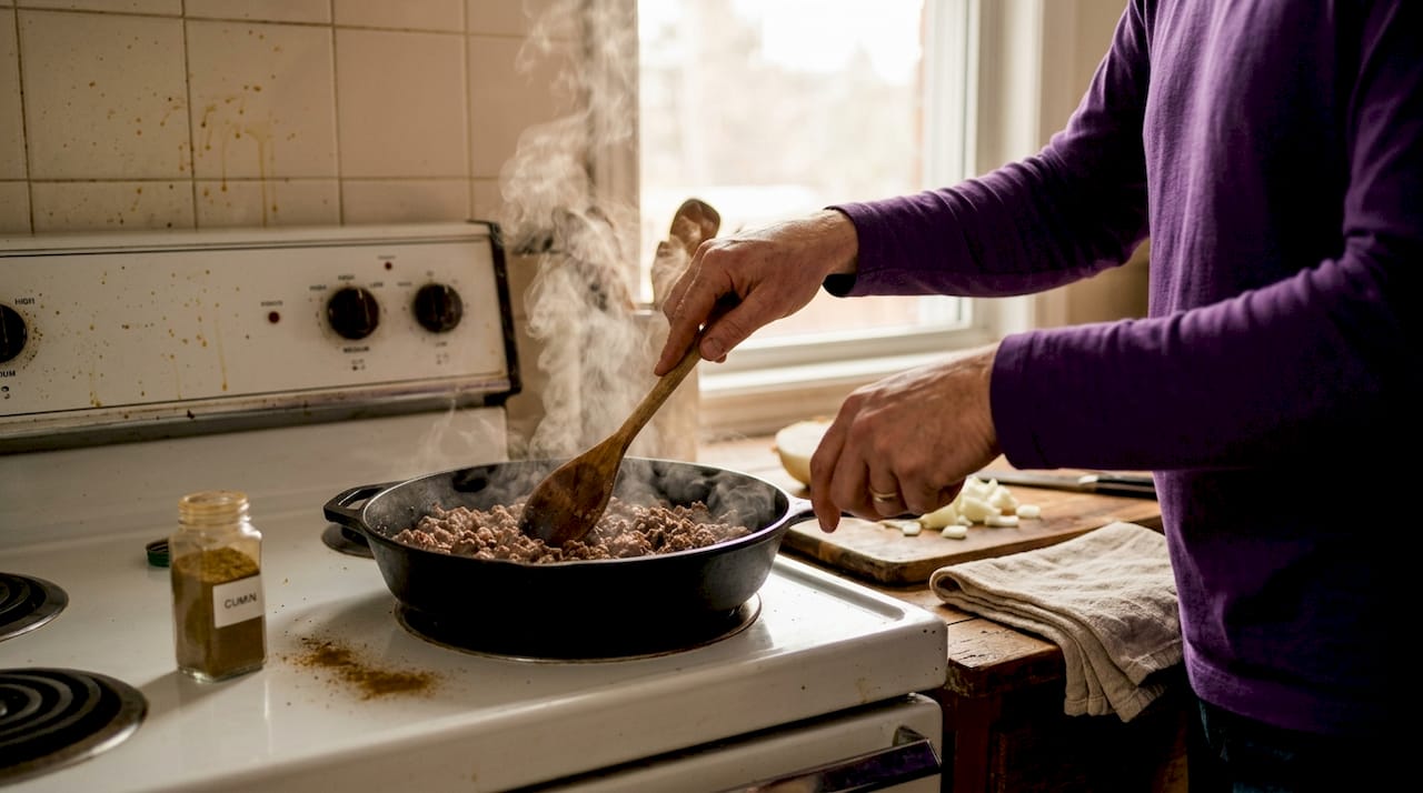 Parent cooking ground beef with tacos spices
