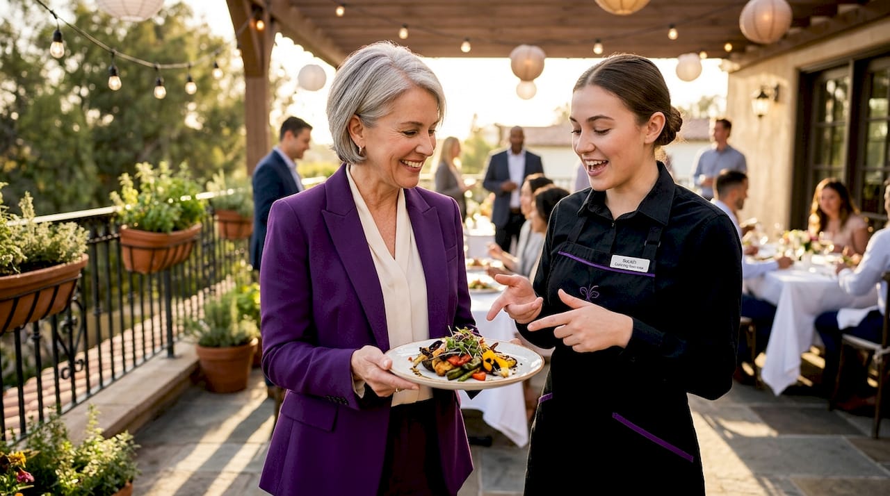 Event host engaging with catering server about meal