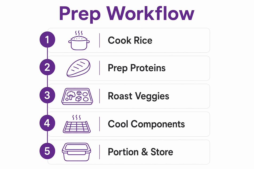 Infographic illustrating burrito bowl meal prep steps