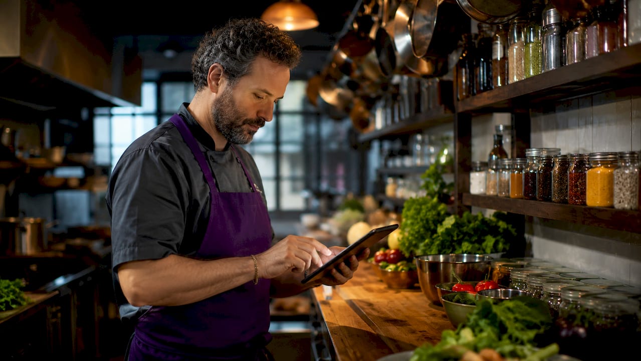 Chef interacting with digital menu device