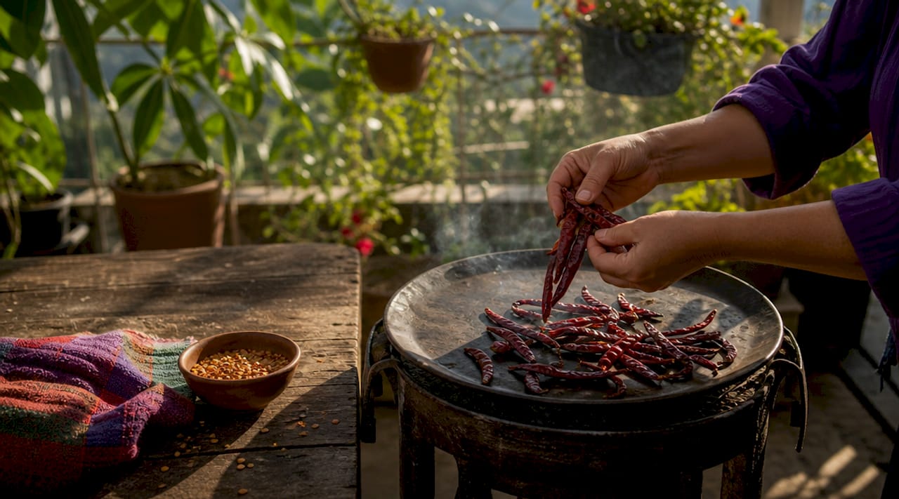 Hands toasting dried chiles on cast-iron comal