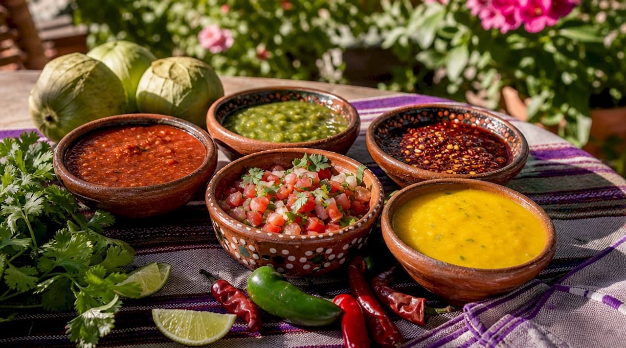 Variety of colorful regional Mexican salsas in bowls