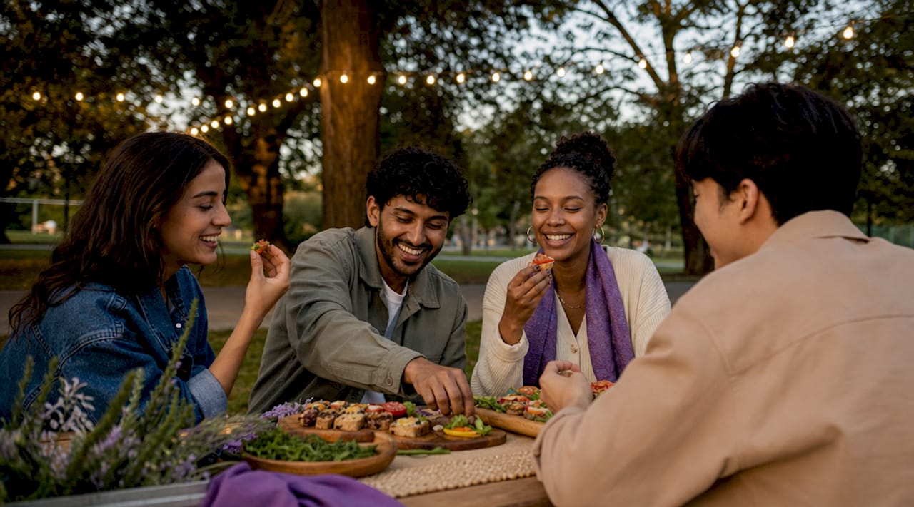 Group enjoying vegan finger foods at outdoor event