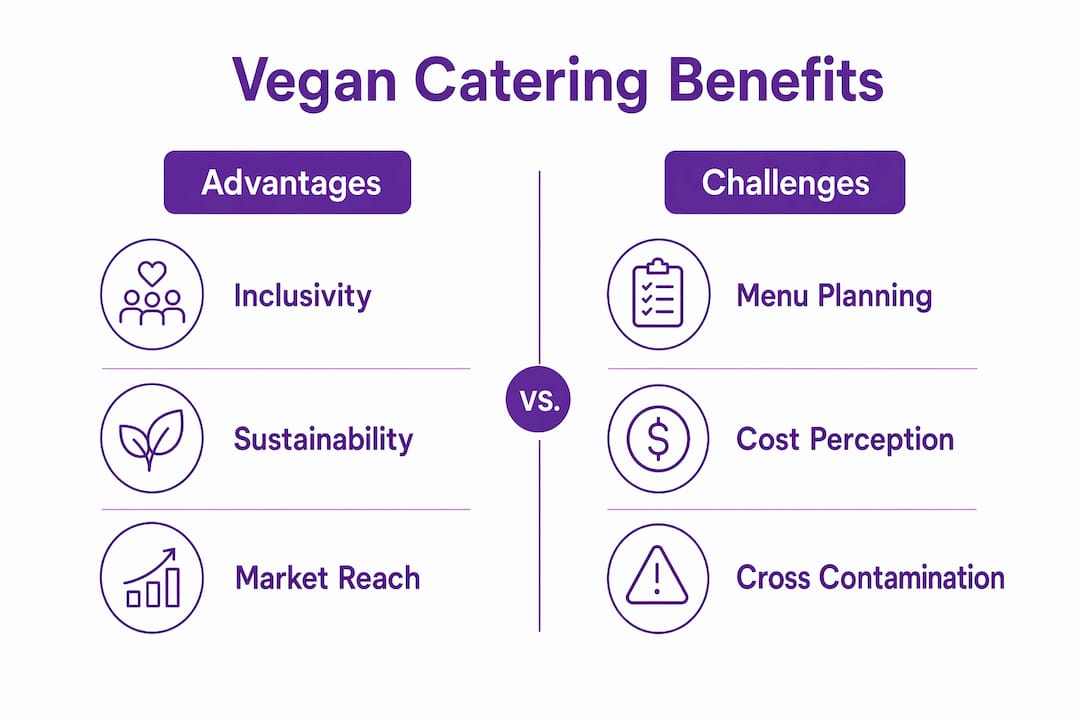 Infographic comparing vegan catering benefits and challenges