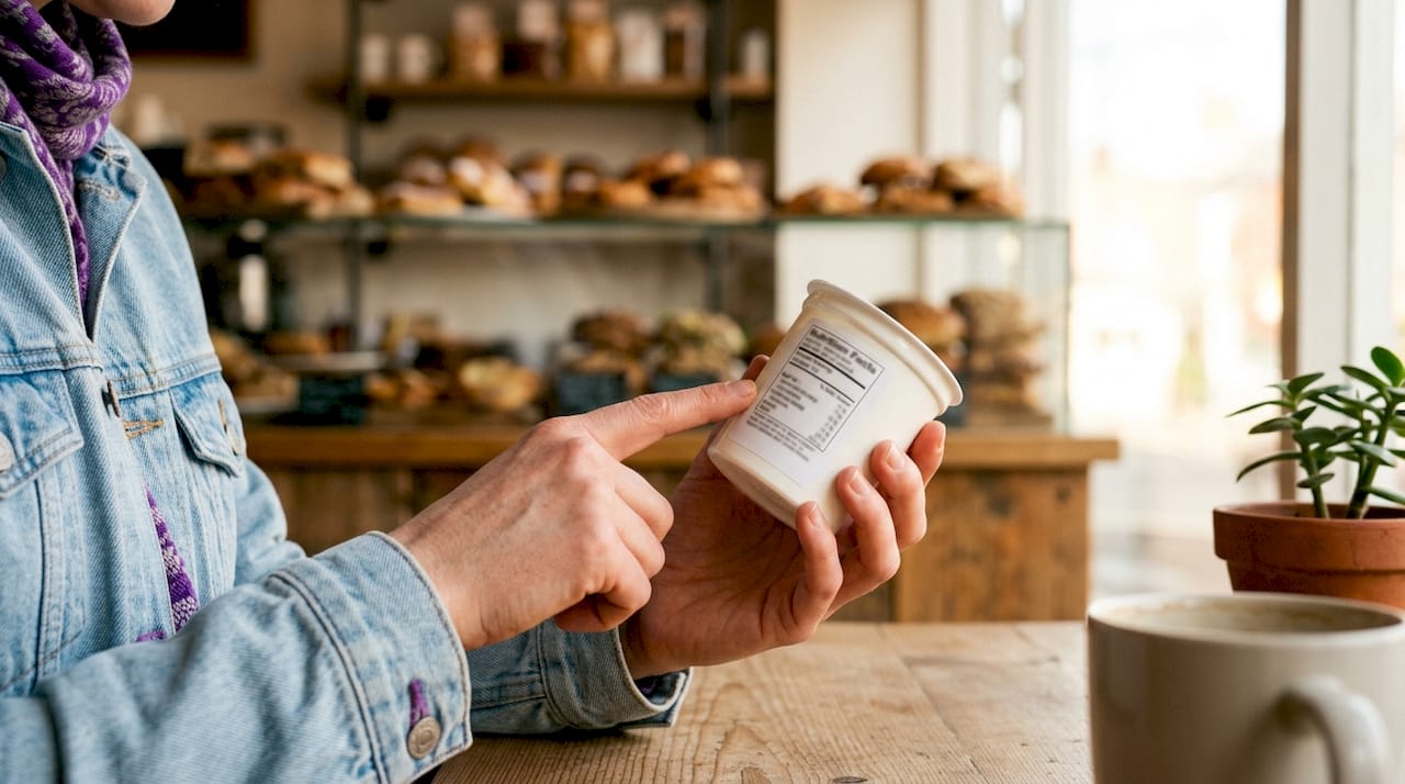 Hands examining gluten-free yogurt label in store