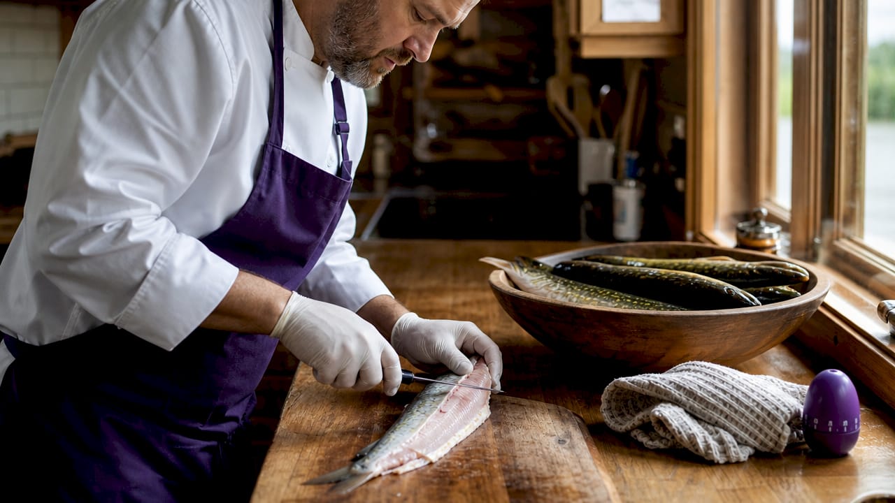 Chef filleting fresh pickerel fish in kitchen