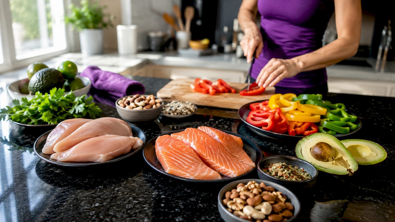 Ingredients for paleo catering menu on wooden table