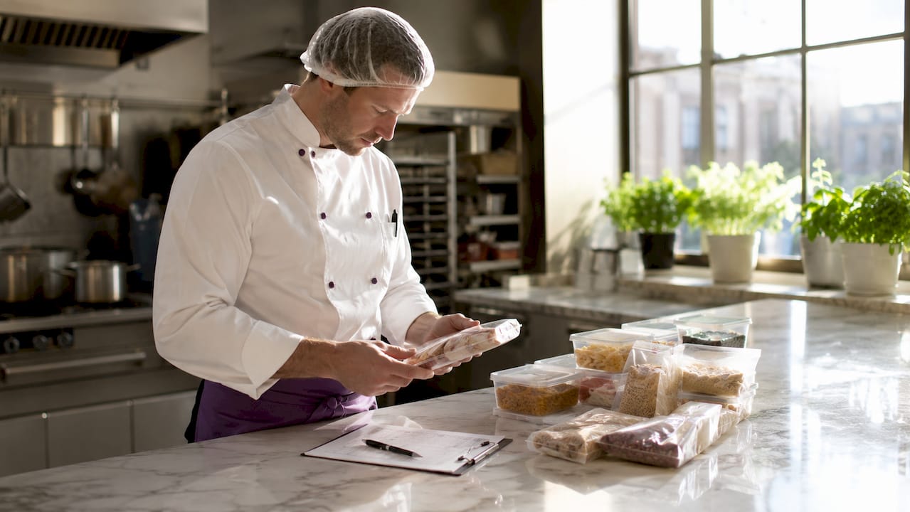 Chef inspecting allergen labels in kitchen