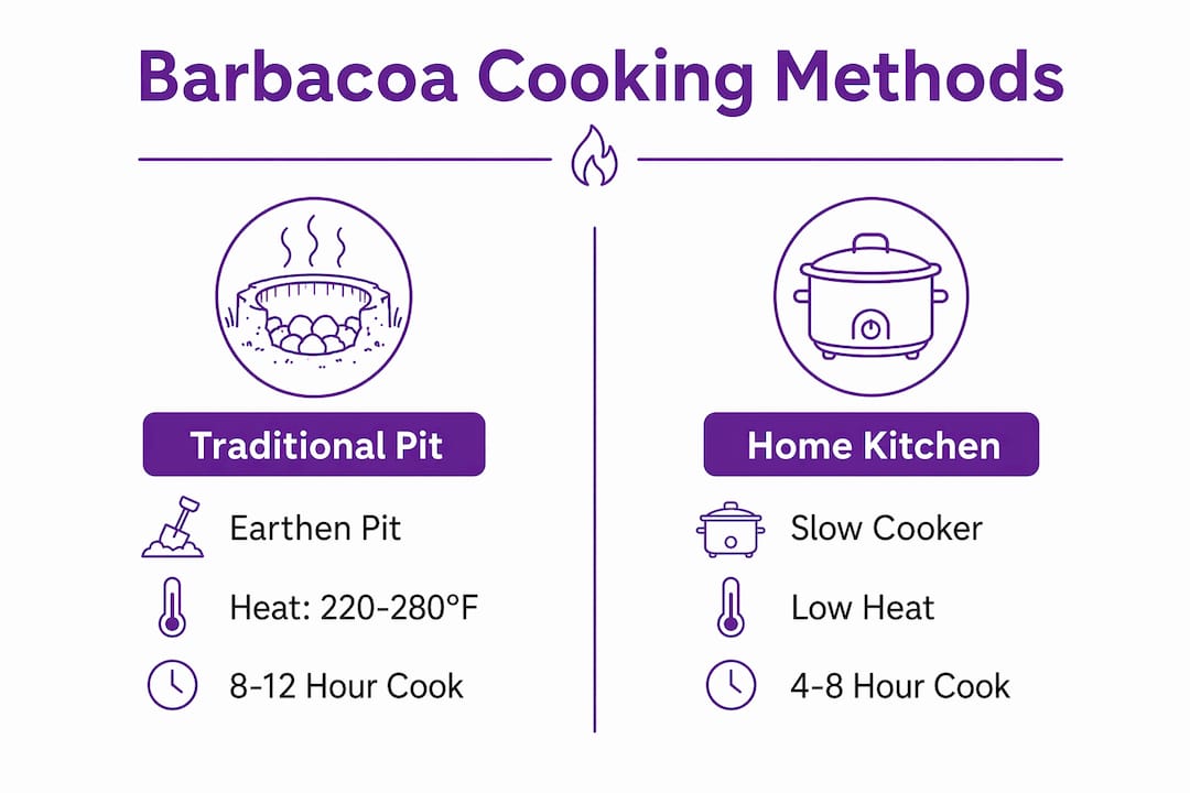 Infographic comparing traditional pit and home barbacoa methods