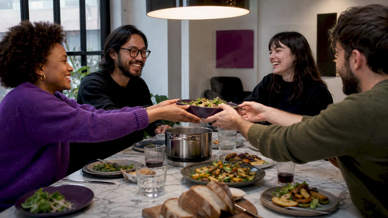 Group sharing traditional local meal around table