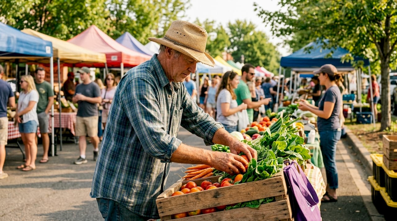 Farmer hands passing fresh produce to chef