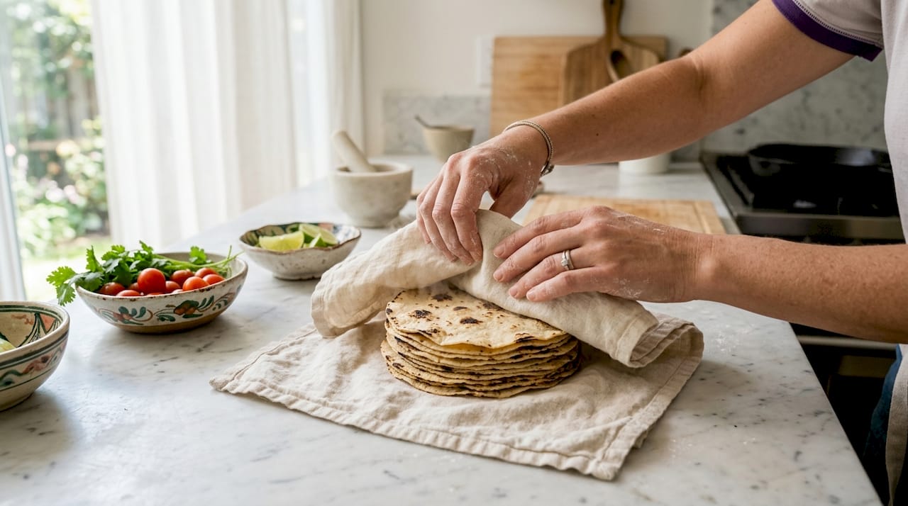 Hands wrapping warm fresh tortillas in towel