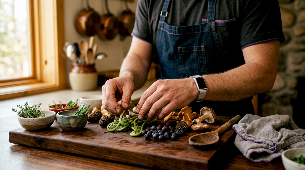 Chef preparing foraged Manitoba ingredients overhead