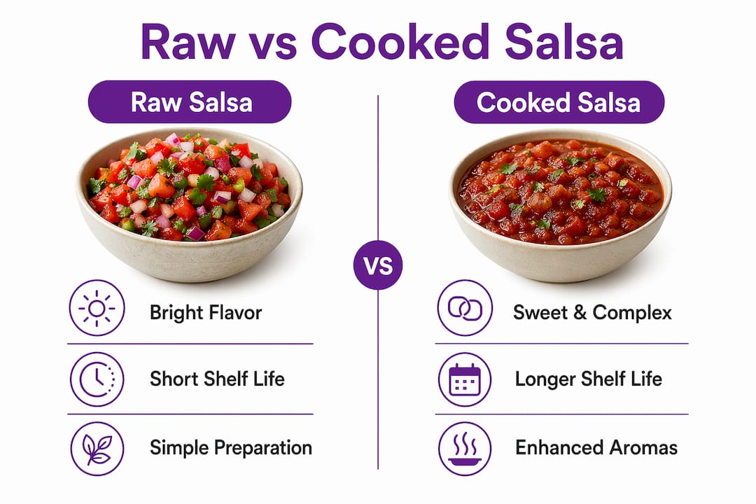 Infographic comparing raw and cooked salsa characteristics