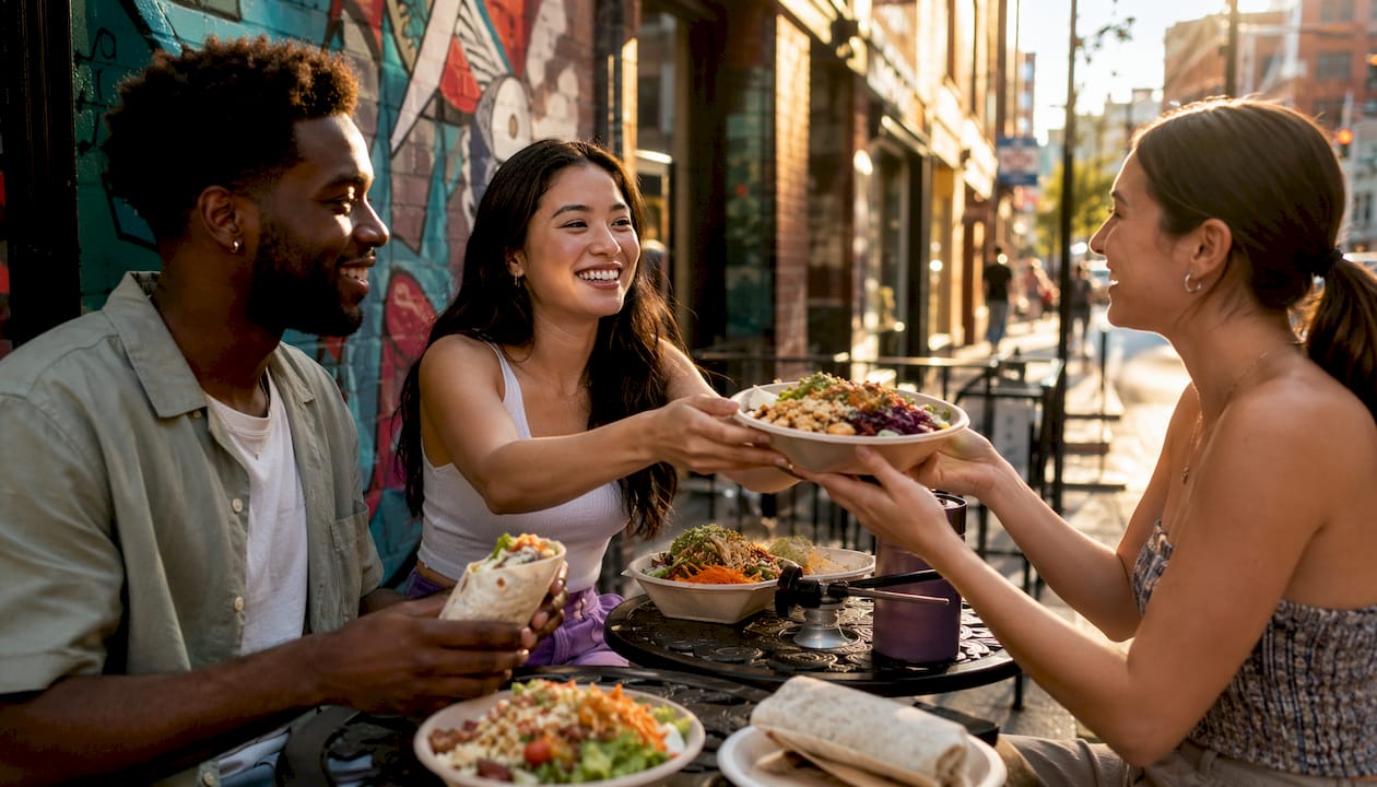 Friends sharing healthy fast casual meal outdoors
