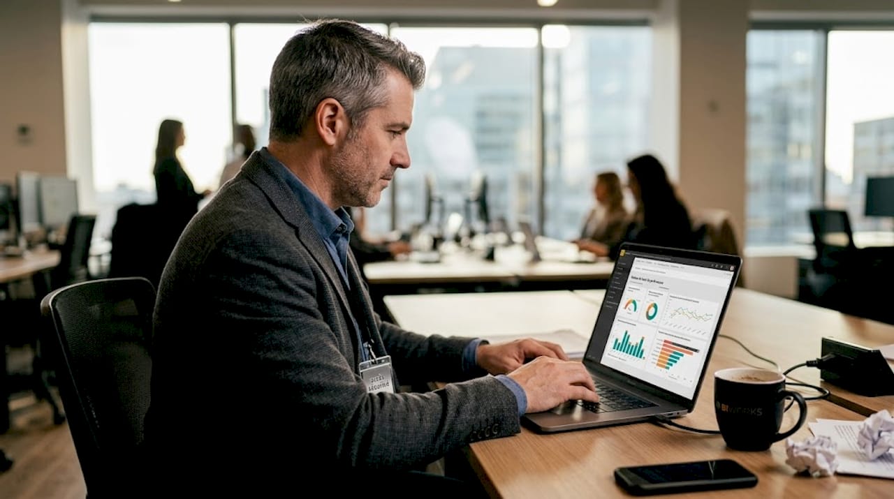 Un homme utilise PowerBI sur son ordinateur, arborant un badge d’accès sécurisé bien en évidence.